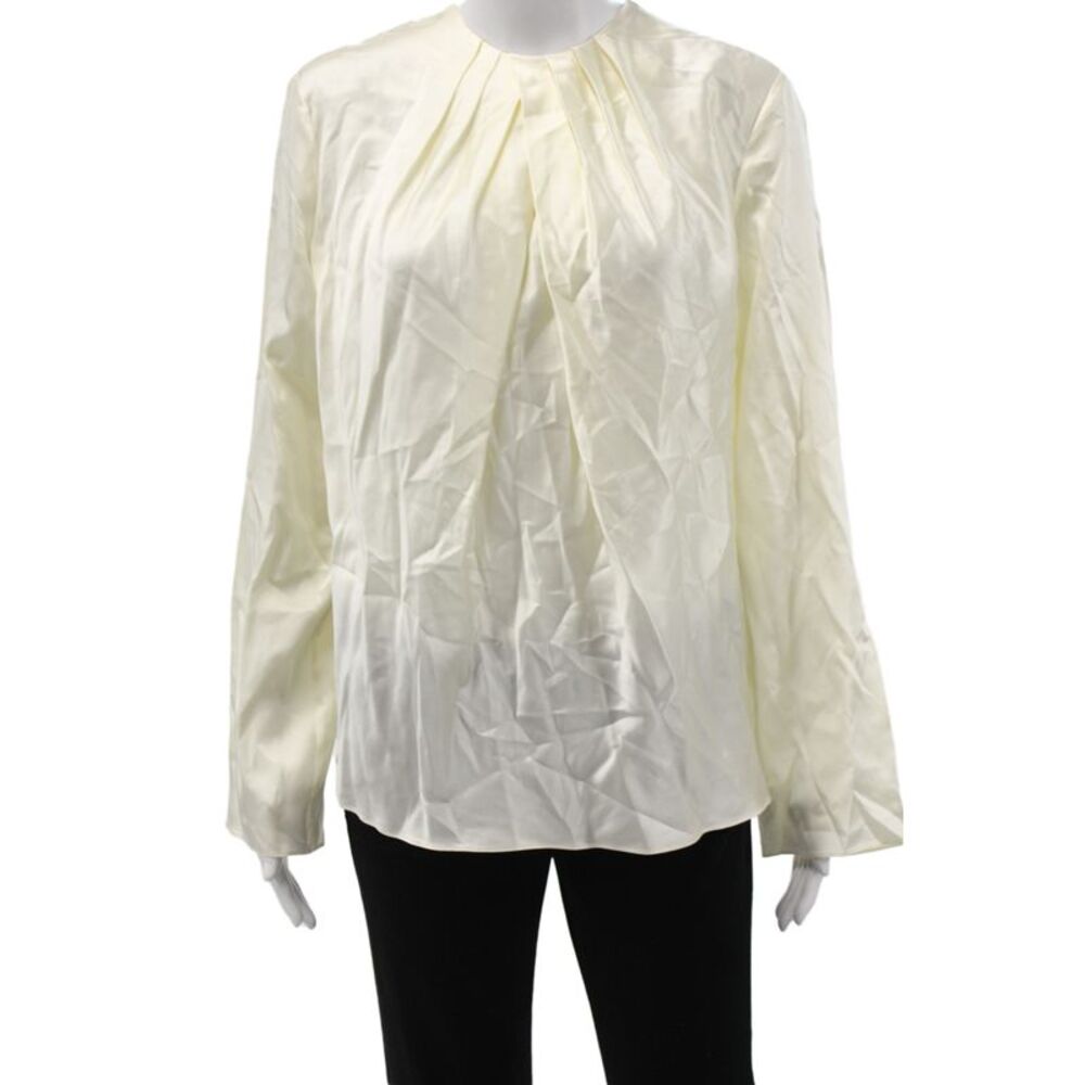 Lily Silk Womens Basic Silk Blouse Ivory Round Neck Long Sleeve Zip Size M